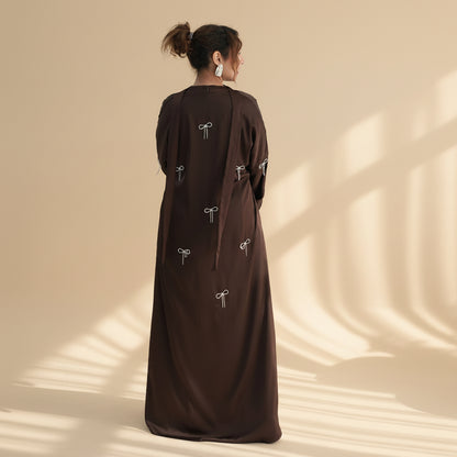 2 Pieces Set Hot-fix Rhinestone Bows Open Abaya Dress - With Inner Sleeveless Abaya Dress - #261181