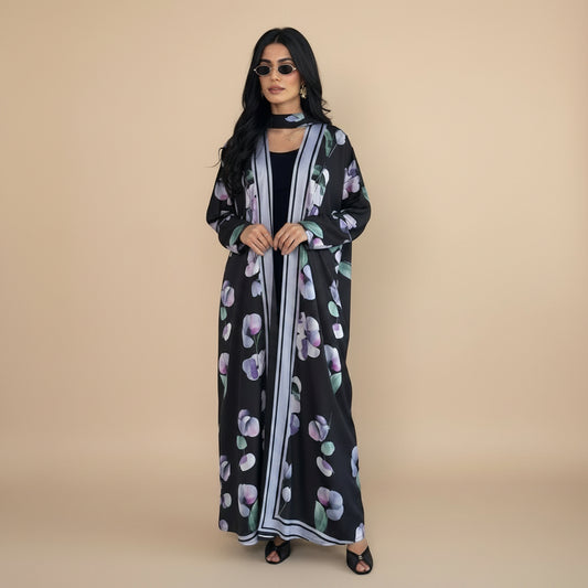عباية نسائية مطبوعة مفتوحة - مع حجاب مطابق - أسود/أبيض - #26M290
