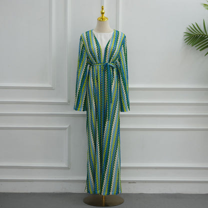 Muslim Women Rainbow Jacquard Open Abaya Dress #261346