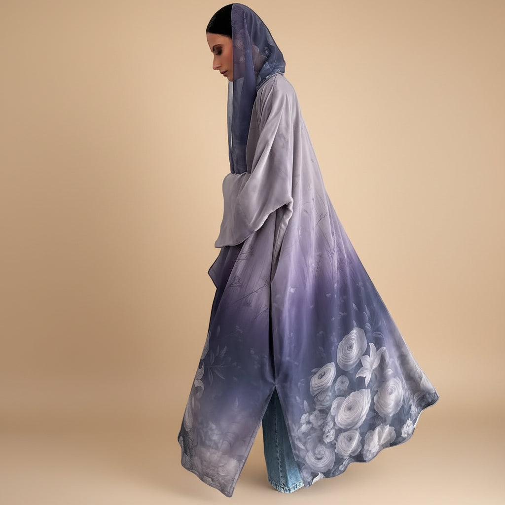 Muslim Women Chiffon Printed Cardigan Open Abaya Dress - Purple - #26M283