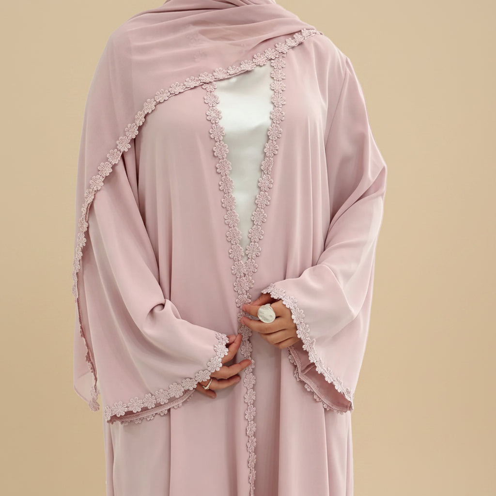 Lace Patchwork Nida Open Abaya Dress With A Matching Hijab - #261173