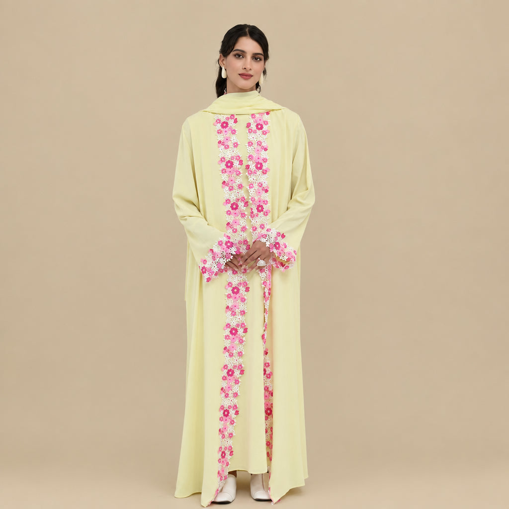 Muslim Women Floral Embroidery Nida Open Abaya Dress #261383