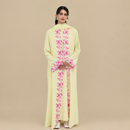 Muslim Women Floral Embroidery Nida Open Abaya Dress #261383