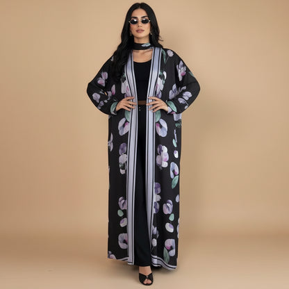 Muslim Women Printed Open Abaya Dress - With A Matching Hijab - Black/White - #26M290