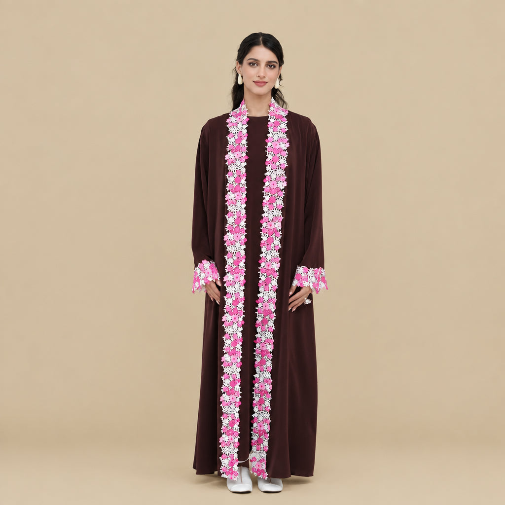 Muslim Women Floral Embroidery Nida Open Abaya Dress #261383