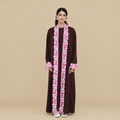 Muslim Women Floral Embroidery Nida Open Abaya Dress #261383