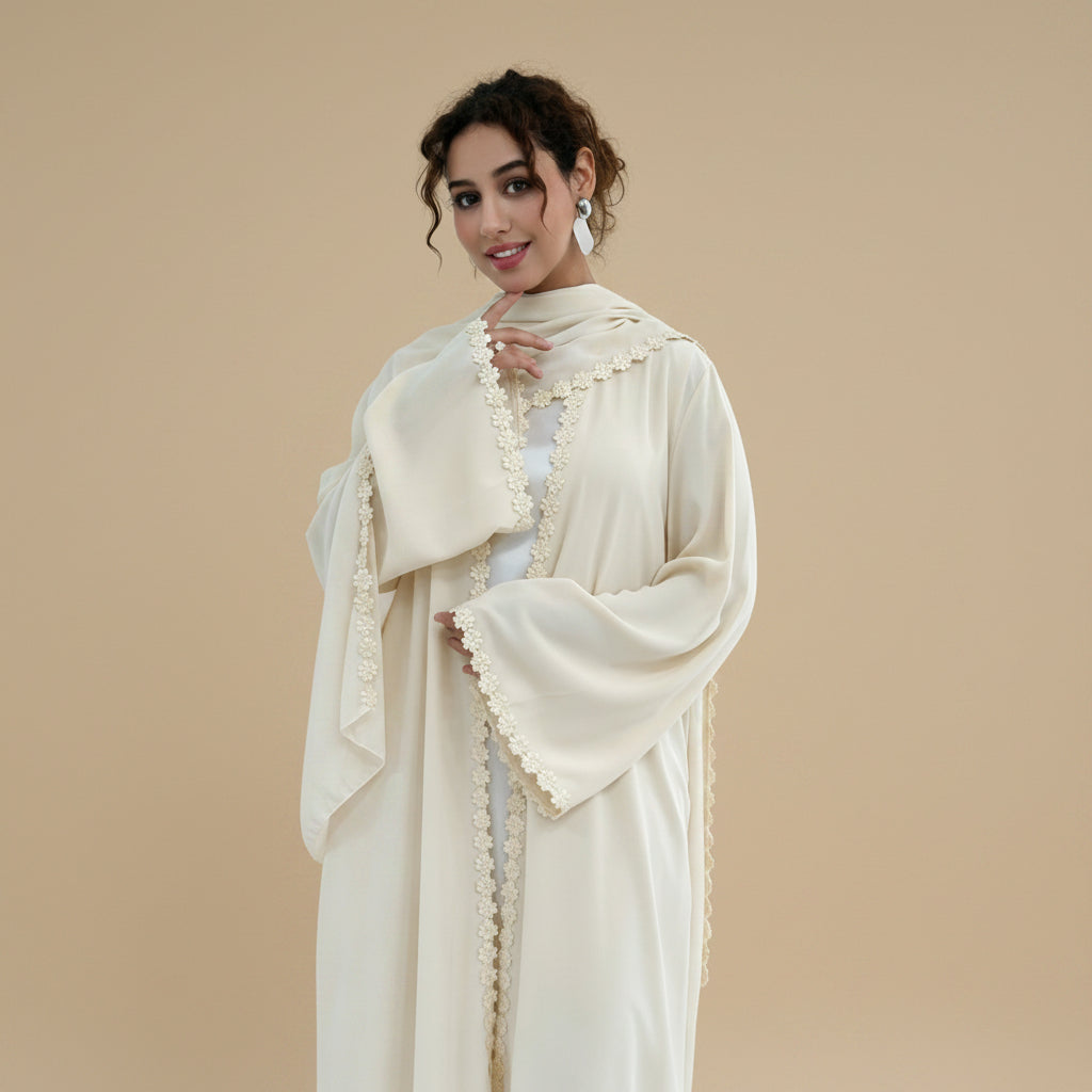 Lace Patchwork Nida Open Abaya Dress With A Matching Hijab - #261173