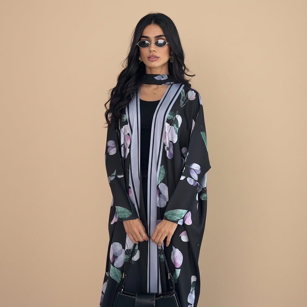 Muslim Women Printed Open Abaya Dress - With A Matching Hijab - Black/White - #26M290