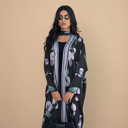 Muslim Women Printed Open Abaya Dress - With A Matching Hijab - Black/White - #26M290
