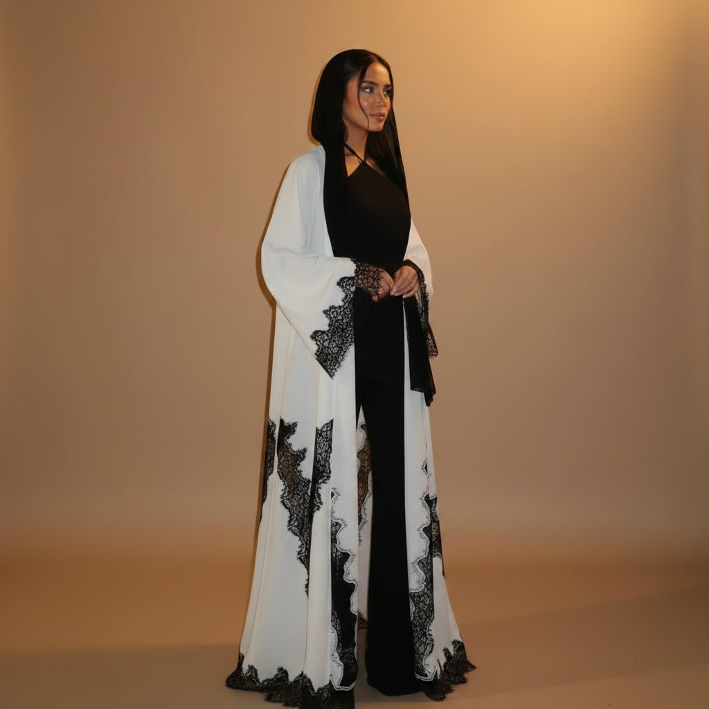 Muslim Women Lace Cardigan Open Abaya Dress With A Matching Hijab #26M286