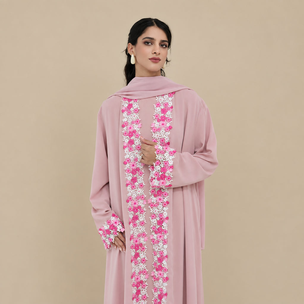 Muslim Women Floral Embroidery Nida Open Abaya Dress #261383