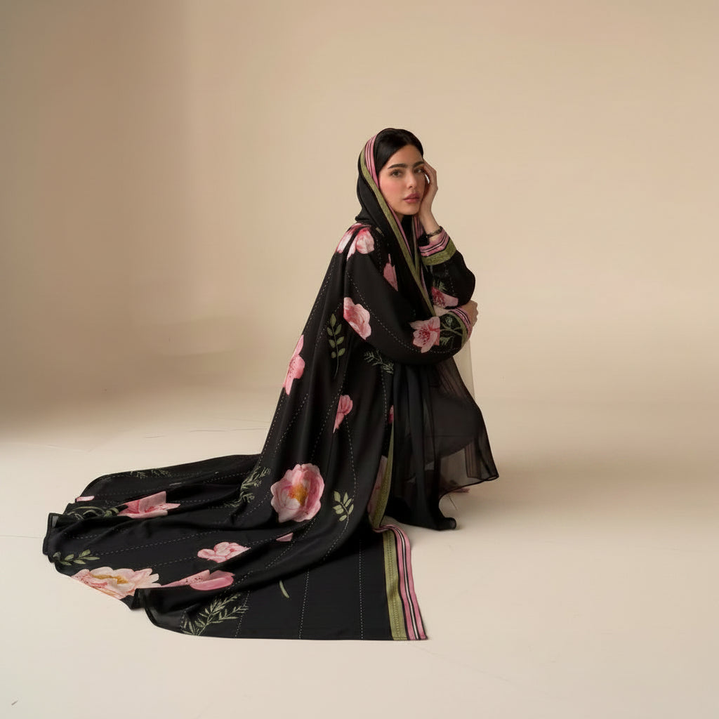 Muslim Women Printed Cardigan Open Abaya Dress With A Matching Hijab #26M288