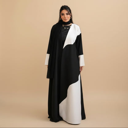 Muslim Women Black and White Patchwork Cardigan Open Abaya Dress #26M285