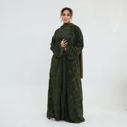 Double-layer Lace Fabric Open Abaya Dress - Black/Coffee/Army Green - #261276
