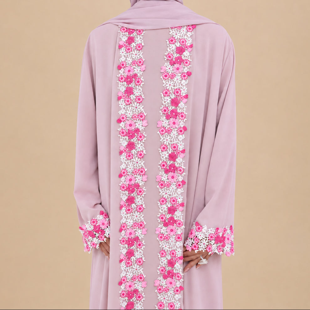 Muslim Women Floral Embroidery Nida Open Abaya Dress #261383