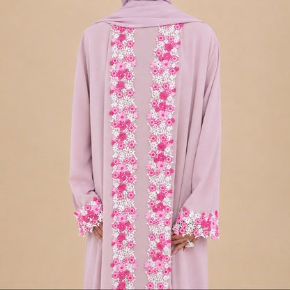 Muslim Women Floral Embroidery Nida Open Abaya Dress #261383