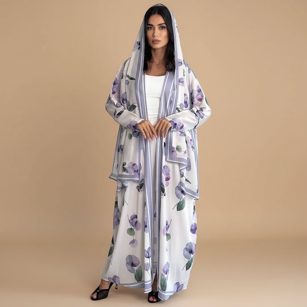 Muslim Women Printed Open Abaya Dress - With A Matching Hijab - Black/White - #26M290