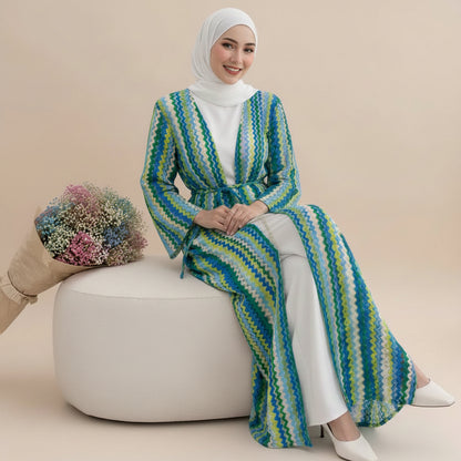 Muslim Women Rainbow Jacquard Open Abaya Dress #261346