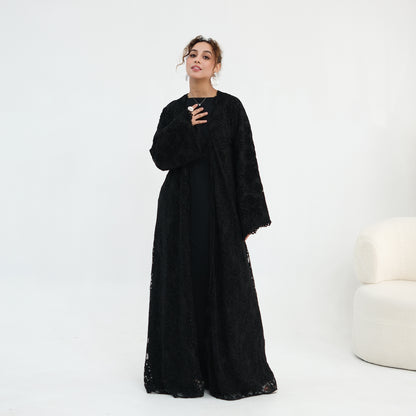Double-layer Lace Fabric Open Abaya Dress - Black/Coffee/Army Green - #261276