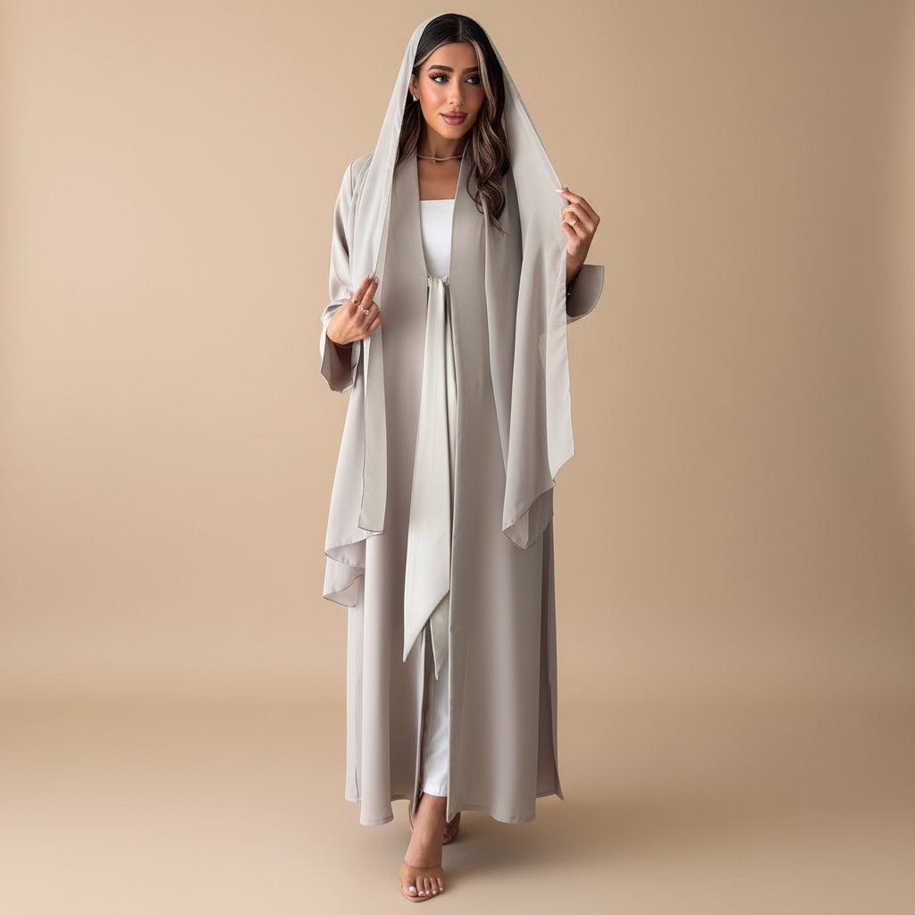 Muslim Women Plain Open Abaya Dress With A Matching Hijab #26M295