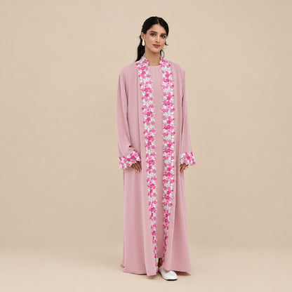 Muslim Women Floral Embroidery Nida Open Abaya Dress #261383