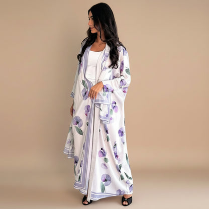 Muslim Women Printed Open Abaya Dress - With A Matching Hijab - Black/White - #26M290