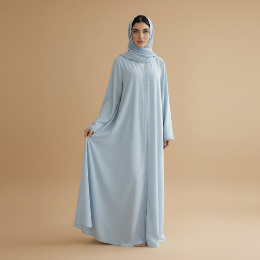 Muslim Women Lace Patchwork Nida Open Abaya Dress With A Matching Hijab - #261173
