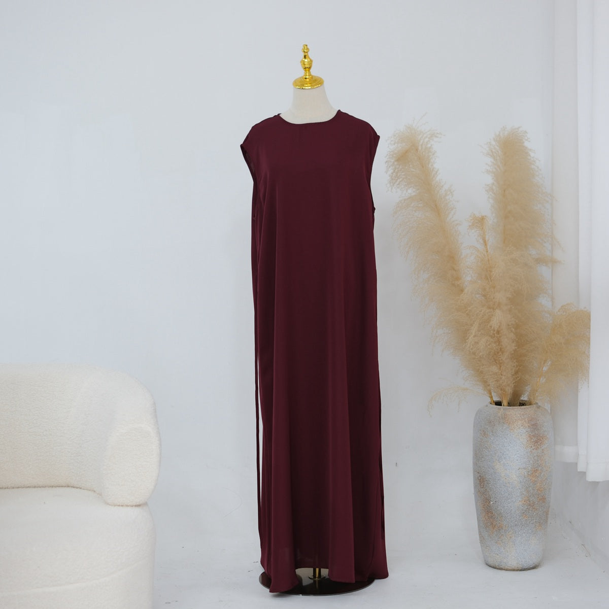 3 Pieces Set Lace Open Abaya Dress - With Inner Sleeveless Abaya Dress And A Matching Hijab - #261191
