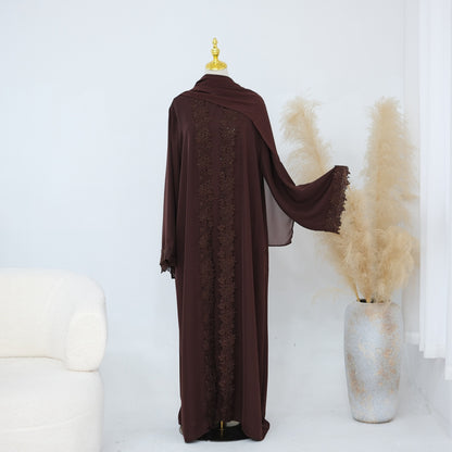 3 Pieces Set Lace Open Abaya Dress - With Inner Sleeveless Abaya Dress And A Matching Hijab - #261191