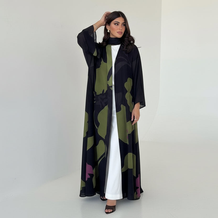 Muslim Women Printed Cardigan Open Abaya Dress With a Matching Hijab #26M265