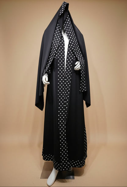 Muslim Women Lace Polka Dot Open Abaya Dress With Matching Hijab #26260