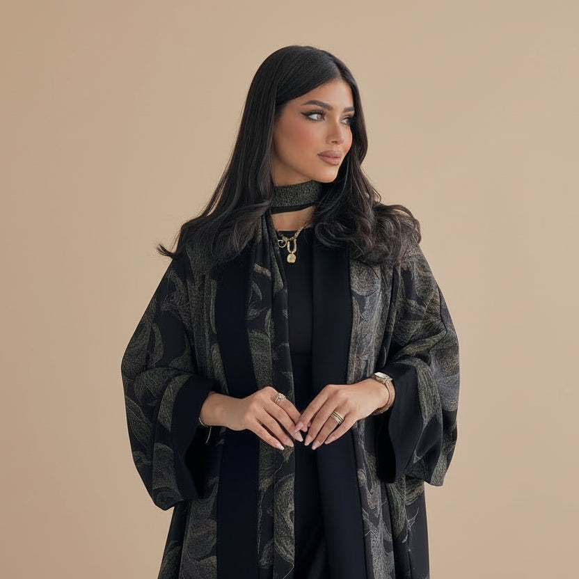 Muslim Women Printed Cardigan Open Abaya Dress With a Matching Hijab #26M264