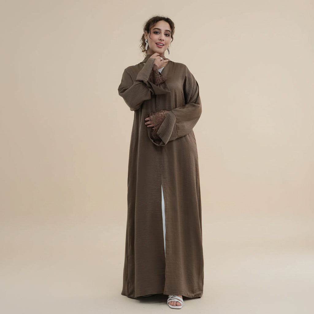 Lace Cuff Open Abaya Dress - For Muslim Women - Black/Coffee/Khaki - #261181