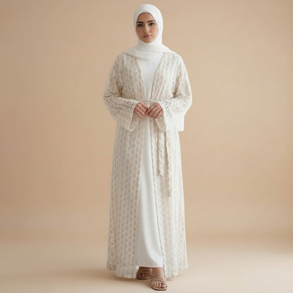 Lace Knitting Openwork Flower Lace Open Abaya Dress - For Muslim Women - #261307