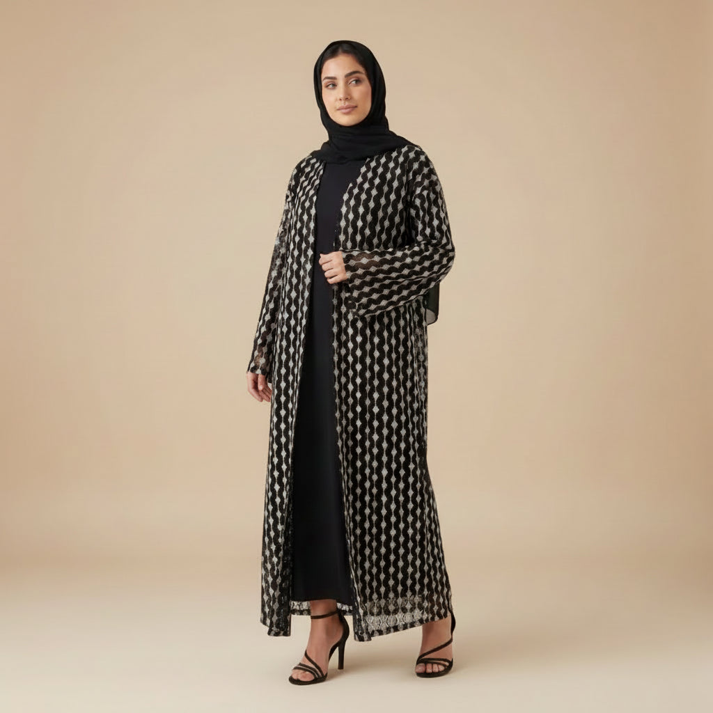 Lace Knitting Openwork Flower Lace Open Abaya Dress - For Muslim Women - #261307