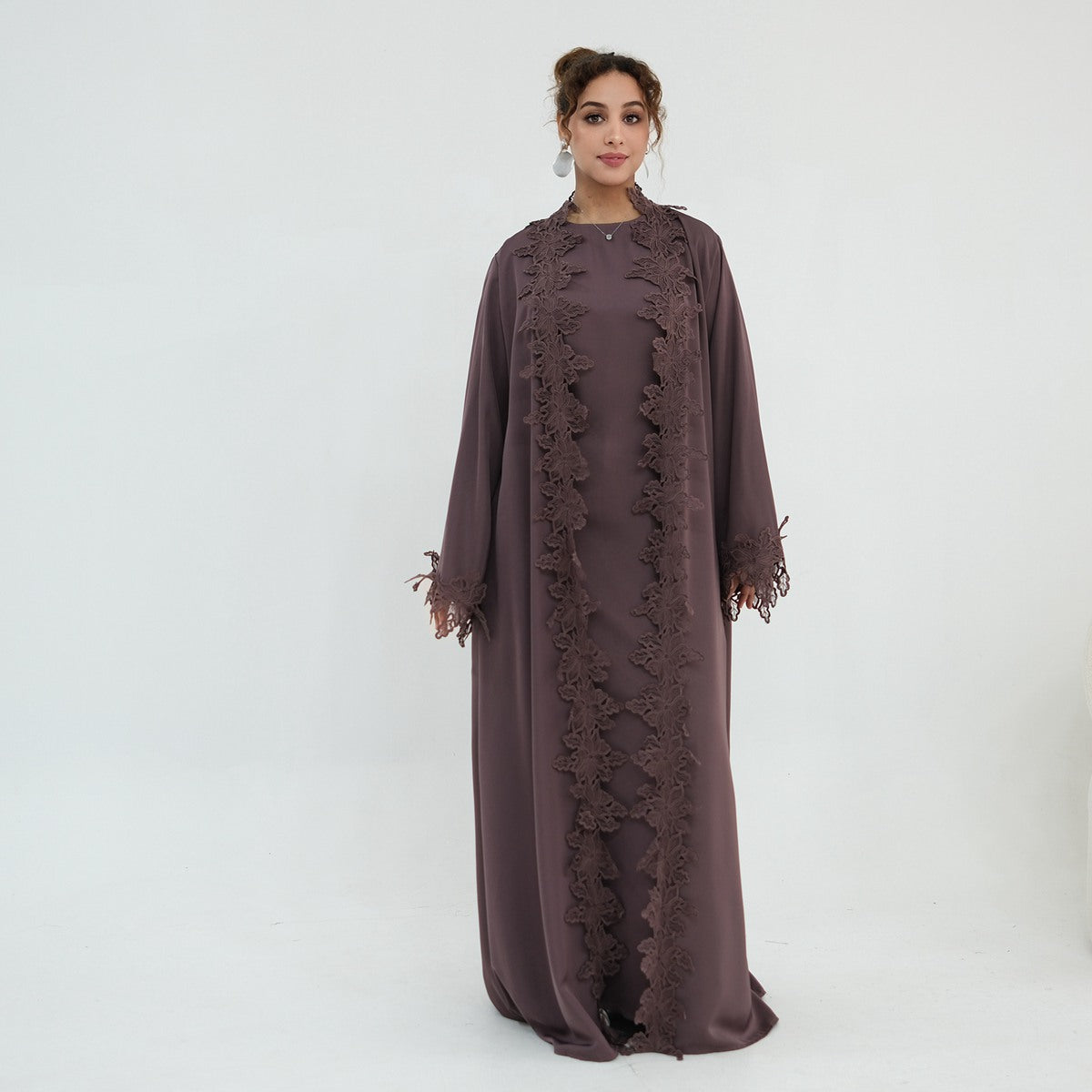3D Lace Trimming Open Abaya Dress Set - With Inner Sleeveless Dress - Nida - For Muslim Women - #261184