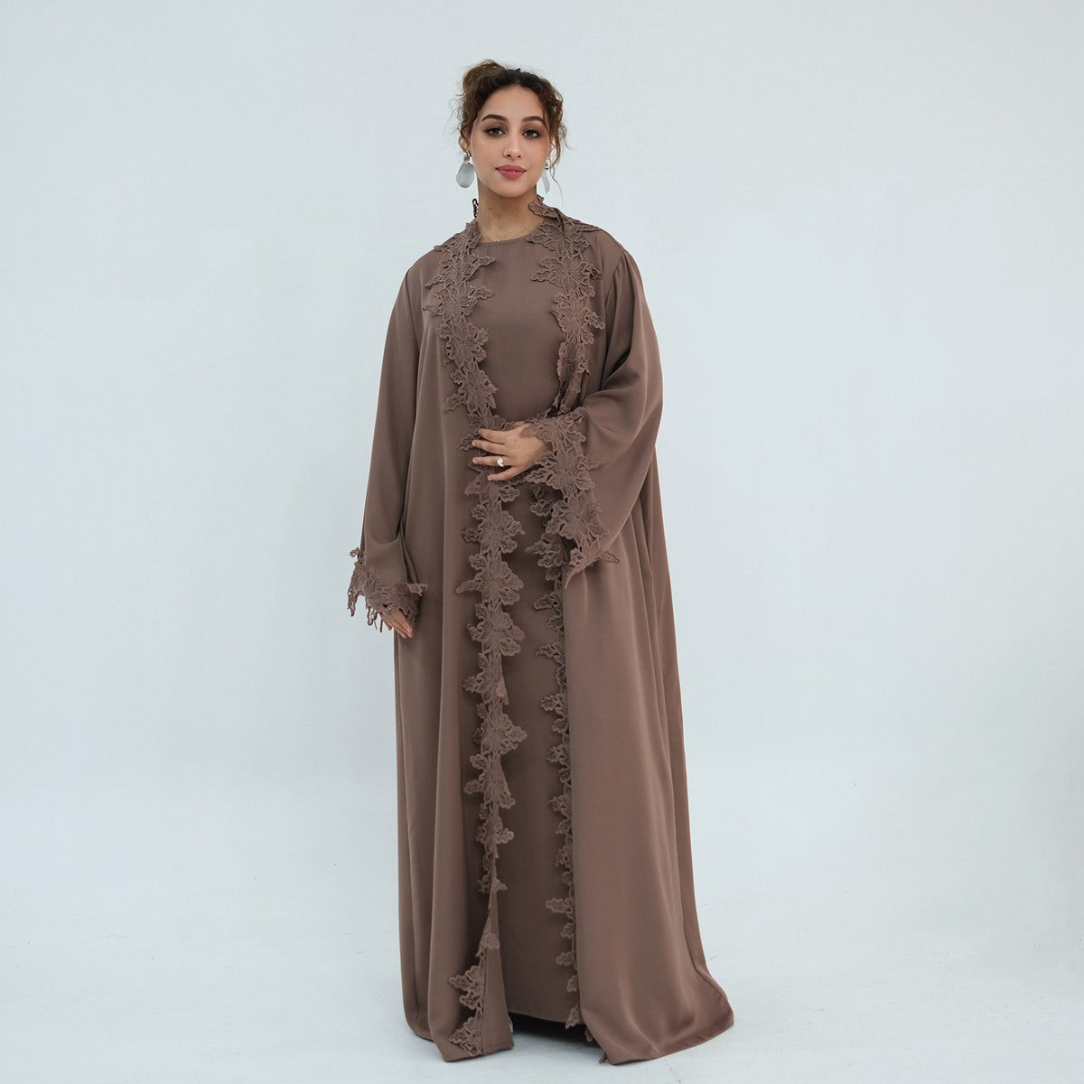 3D Lace Trimming Open Abaya Dress Set - With Inner Sleeveless Dress - Nida - For Muslim Women - #261184
