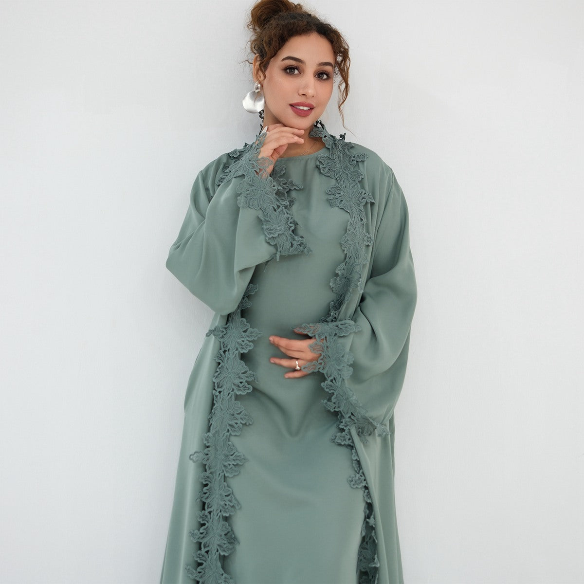 3D Lace Trimming Open Abaya Dress Set - With Inner Sleeveless Dress - Nida - For Muslim Women - #261184