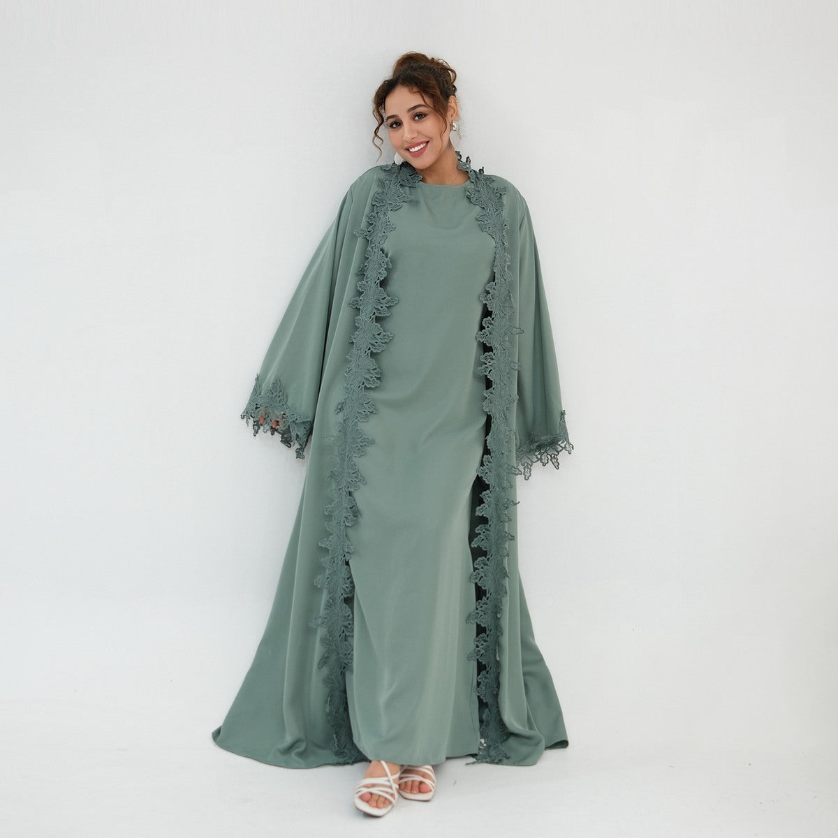 3D Lace Trimming Open Abaya Dress Set - With Inner Sleeveless Dress - Nida - For Muslim Women - #261184
