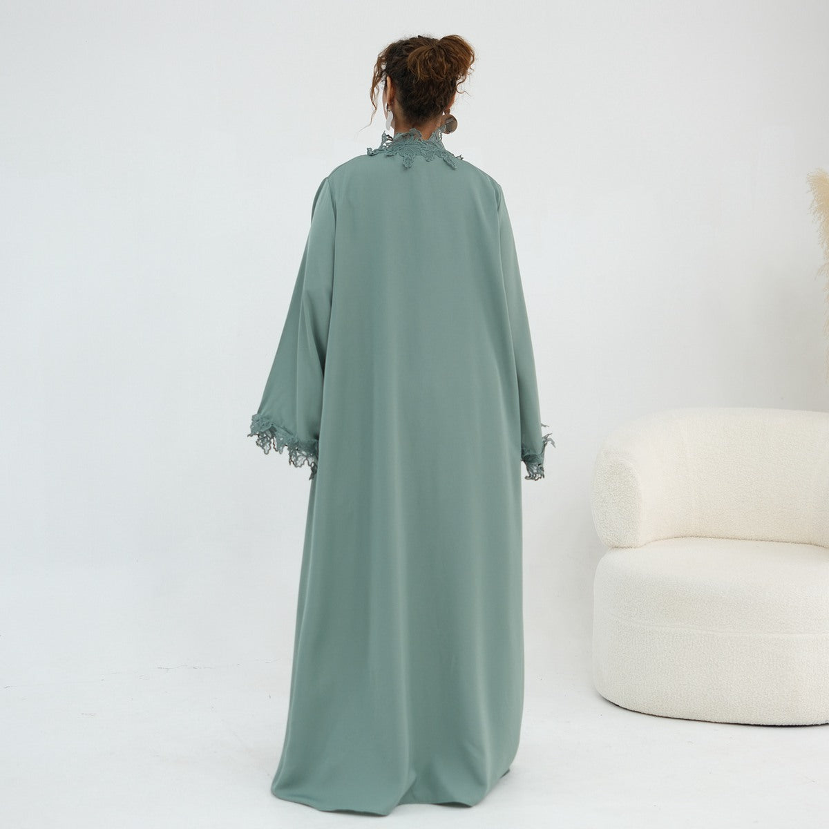 3D Lace Trimming Open Abaya Dress Set - With Inner Sleeveless Dress - Nida - For Muslim Women - #261184