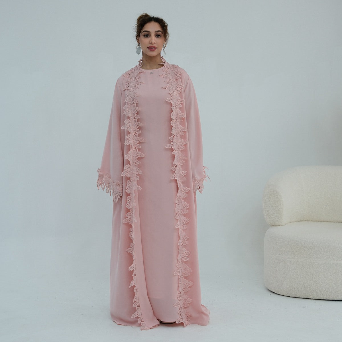 3D Lace Trimming Open Abaya Dress Set - With Inner Sleeveless Dress - Nida - For Muslim Women - #261184