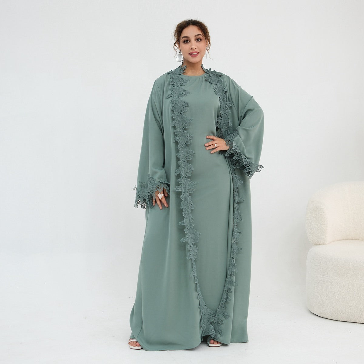 3D Lace Trimming Open Abaya Dress Set - With Inner Sleeveless Dress - Nida - For Muslim Women - #261184