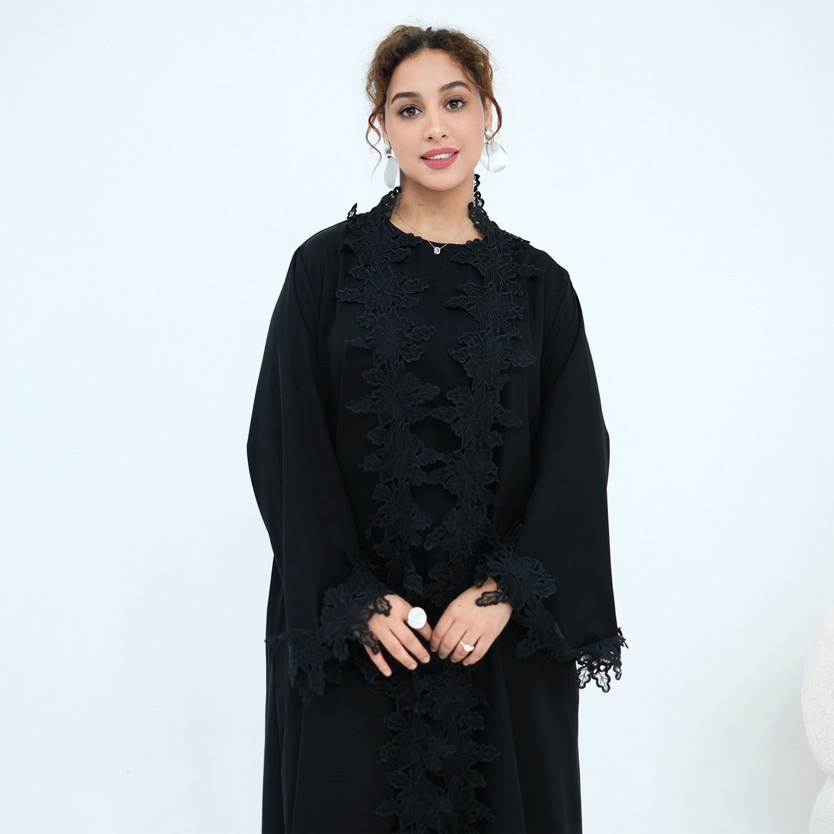 3D Lace Trimming Open Abaya Dress Set - With Inner Sleeveless Dress - Nida - For Muslim Women - #261184