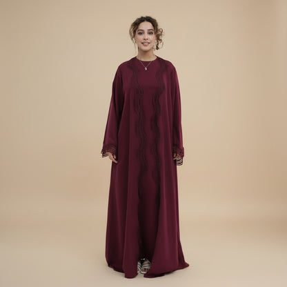 2 Pieces Set Ruffle-trimmed Open Abaya Dress - With Inner Sleevelesss Abaya Dress - #261181