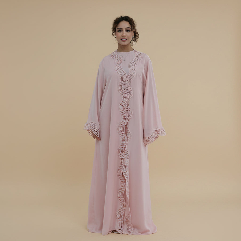 2 Pieces Set Ruffle-trimmed Open Abaya Dress - With Inner Sleevelesss Abaya Dress - #261181