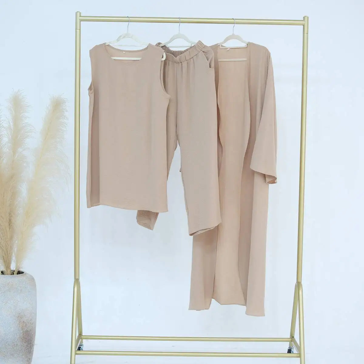 3 Pieces Set Sleeveless Tops Pants Suit With Open Abaya Dress For Muslim Women