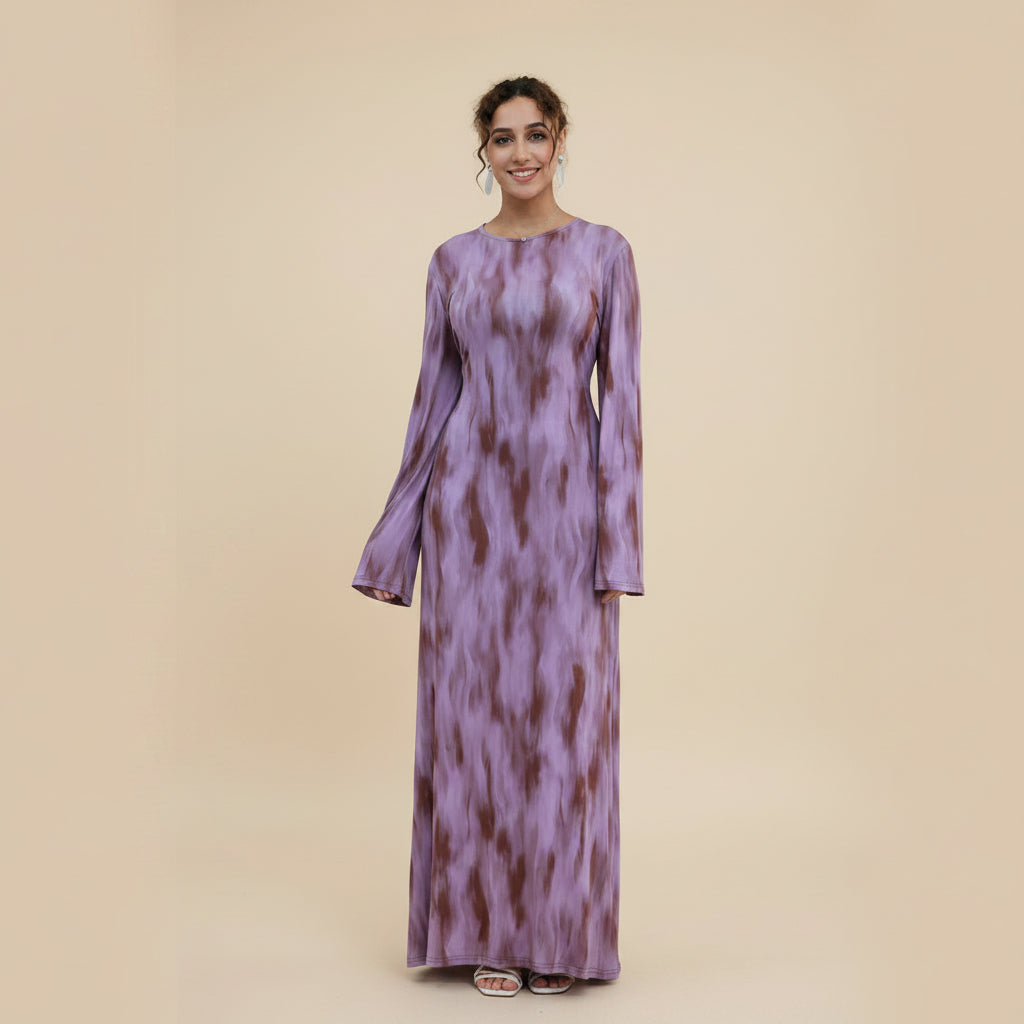 Printed Modal Abaya Dress For Women - Taro/Black/Purple/Dusty Blue/Argyle Pattern - #261288