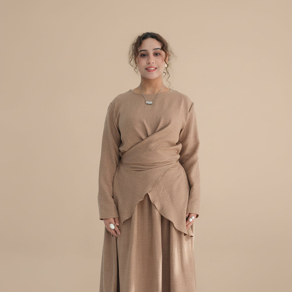 Muslim Women 2 Pieces Set Wrinkle Tops And Skirt Suit Set Abaya Daily Wear #261098