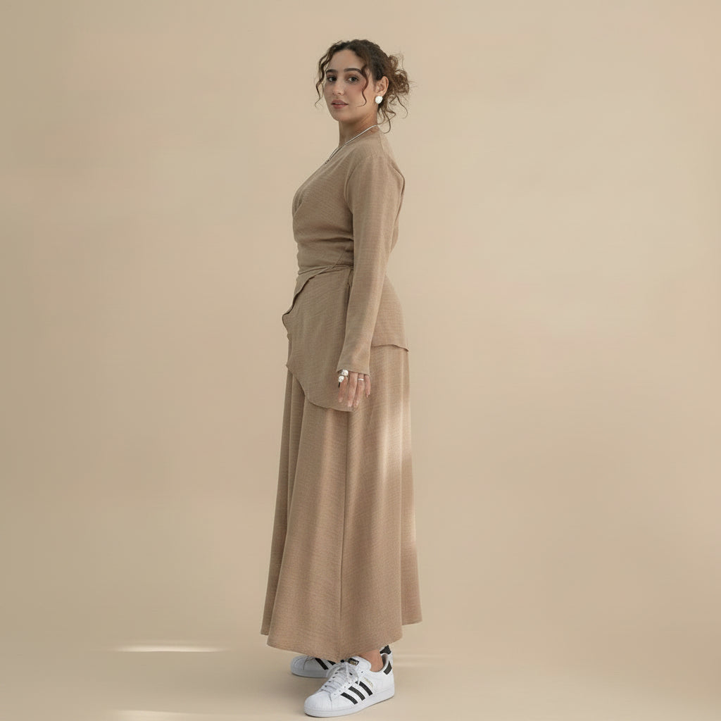 Muslim Women 2 Pieces Set Wrinkle Tops And Skirt Suit Set Abaya Daily Wear #261098