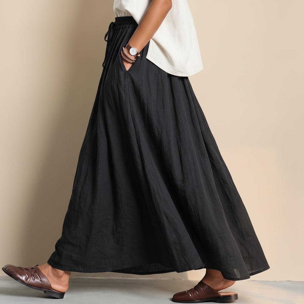 Elastic Waist Drawstring Plain Modest Maxi Skirt With Pocket #268750
